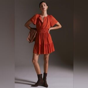 Anthropologie Somerset Short-sleeve Mini Dress Textured Polka Dot Terra Cotta XL